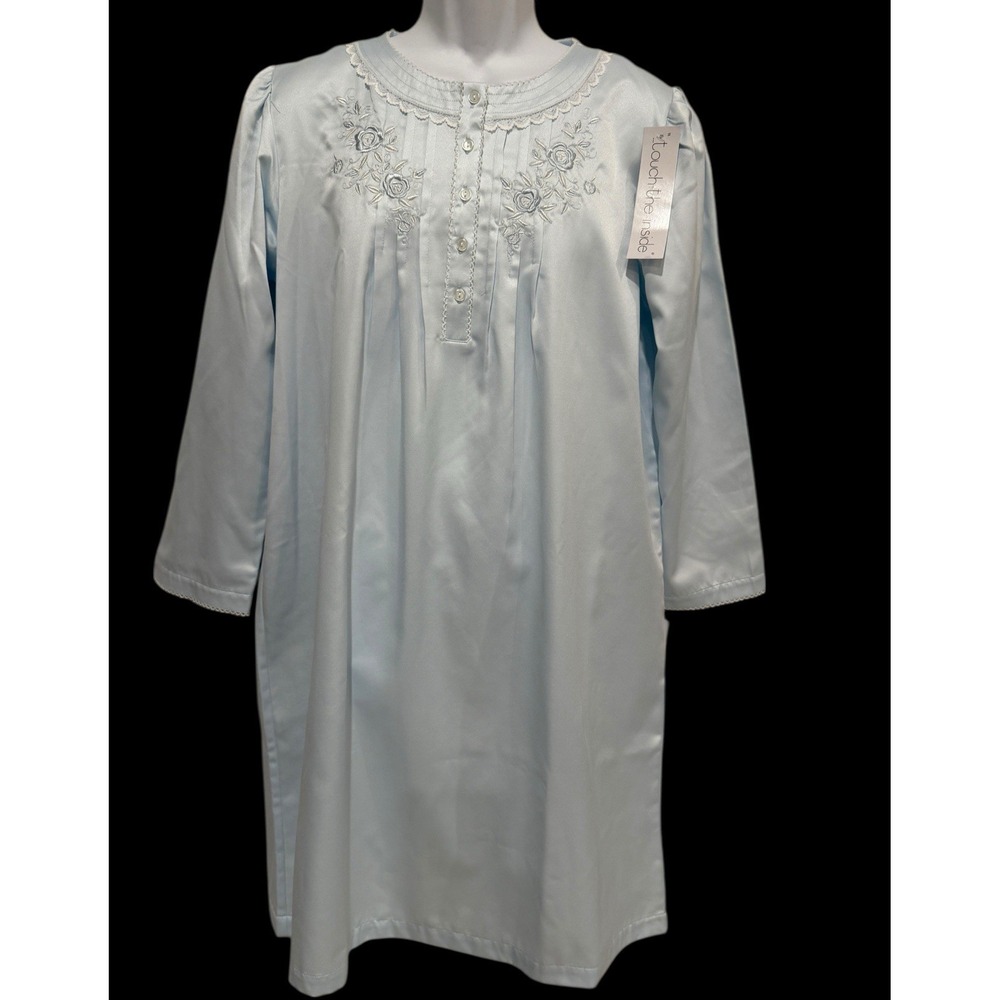 NWT Miss Elaine‎ Blue Satin Nightgown M Flannel Lined Cottagecore Grandma Lace